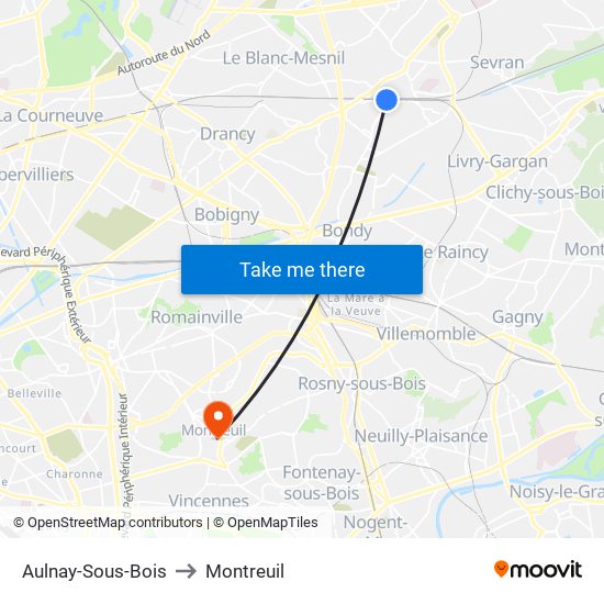 Aulnay-Sous-Bois to Montreuil map