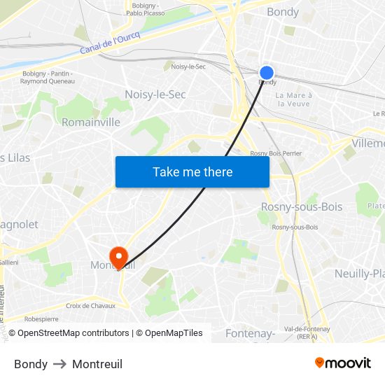 Bondy to Montreuil map