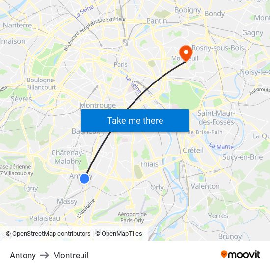 Antony to Montreuil map