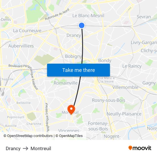 Drancy to Montreuil map