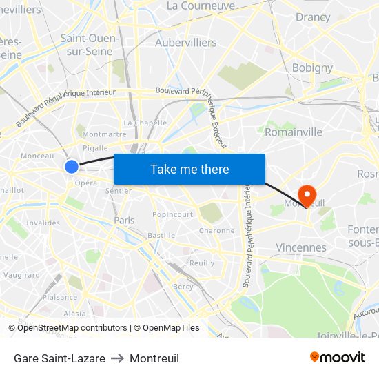Gare Saint-Lazare to Montreuil map