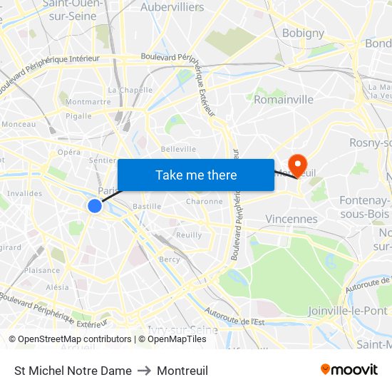 St Michel Notre Dame to Montreuil map