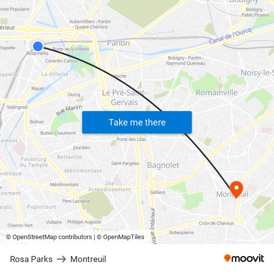 Rosa Parks to Montreuil map