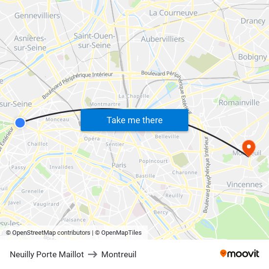 Neuilly Porte Maillot to Montreuil map