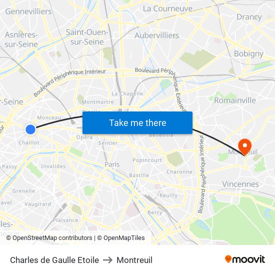 Charles de Gaulle Etoile to Montreuil map