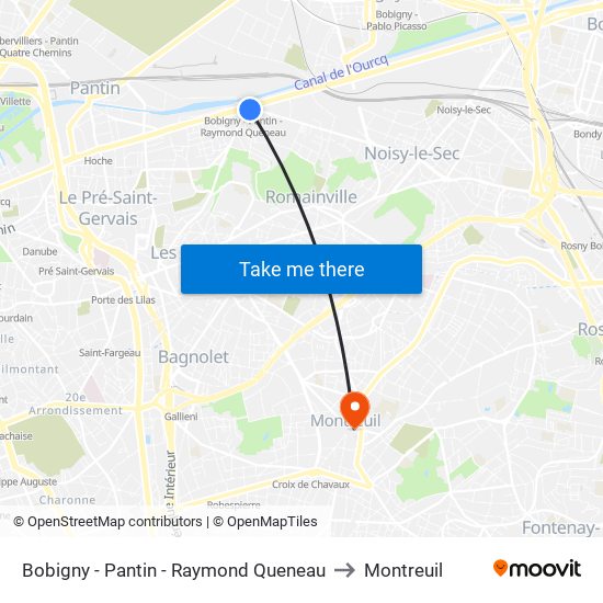 Bobigny - Pantin - Raymond Queneau to Montreuil map