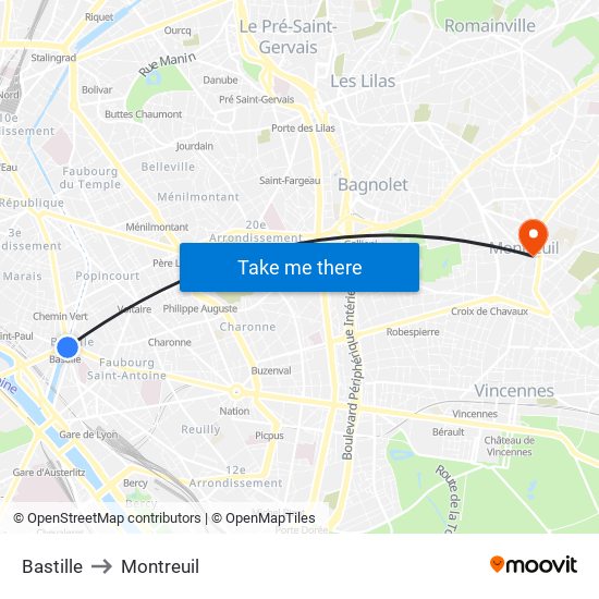 Bastille to Montreuil map