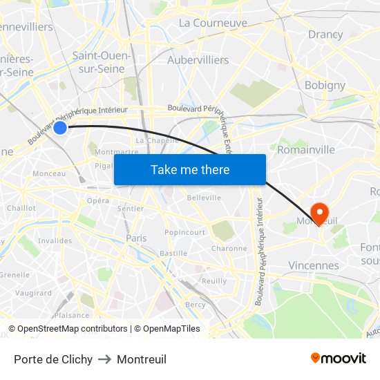 Porte de Clichy to Montreuil map