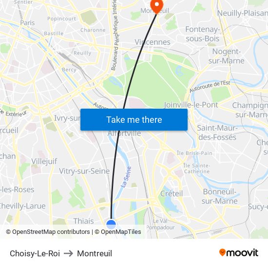 Choisy-Le-Roi to Montreuil map