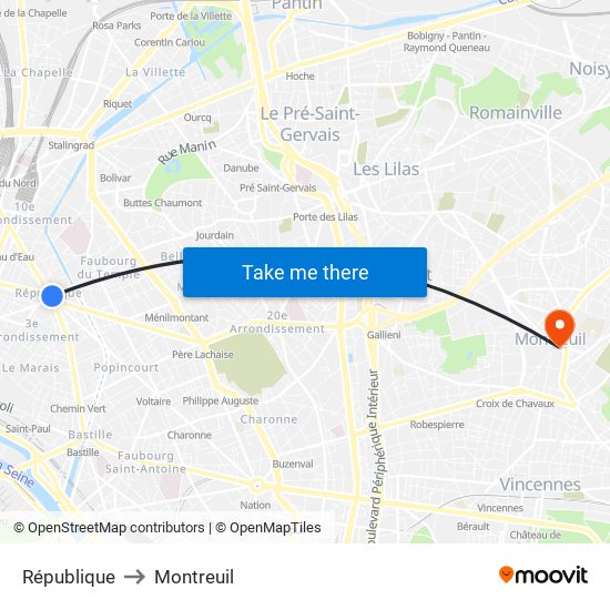 République to Montreuil map