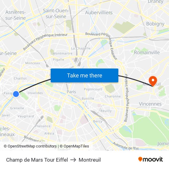 Champ de Mars Tour Eiffel to Montreuil map