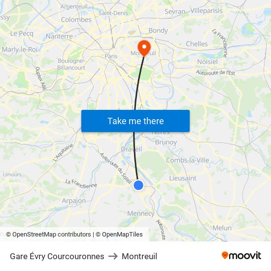 Gare Évry Courcouronnes to Montreuil map