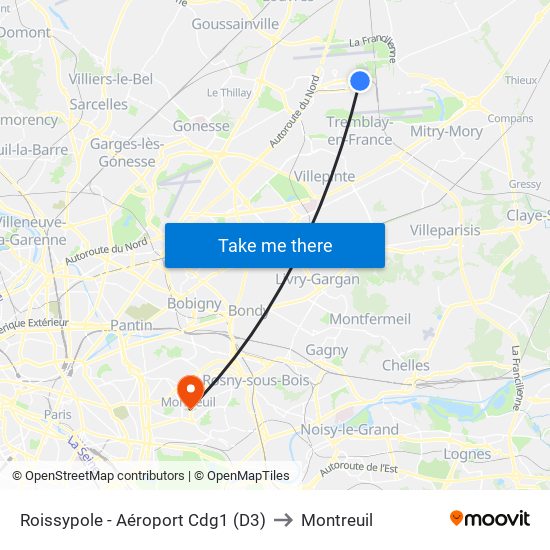 Roissypole - Aéroport Cdg1 (D3) to Montreuil map