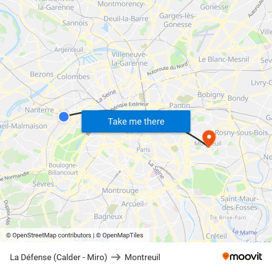 La Défense (Calder - Miro) to Montreuil map