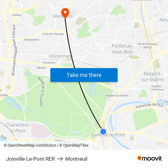 Joinville-Le-Pont RER to Montreuil map