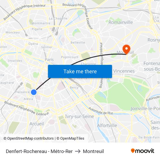 Denfert-Rochereau - Métro-Rer to Montreuil map