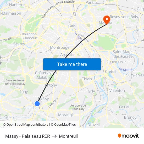 Massy - Palaiseau RER to Montreuil map