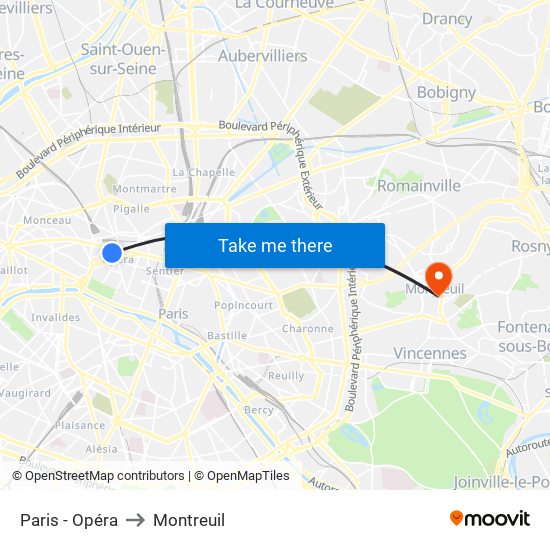 Paris - Opéra to Montreuil map