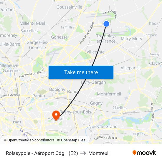 Roissypole - Aéroport Cdg1 (E2) to Montreuil map