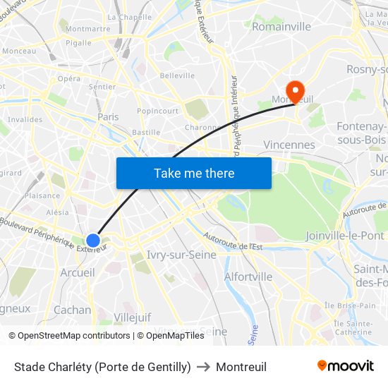 Stade Charléty (Porte de Gentilly) to Montreuil map