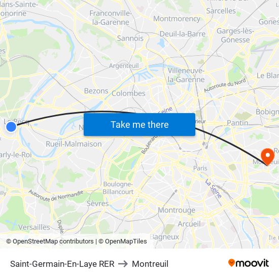 Saint-Germain-En-Laye RER to Montreuil map