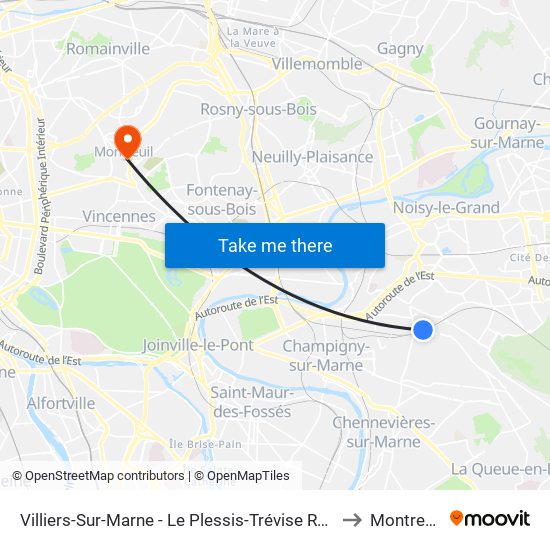 Villiers-Sur-Marne - Le Plessis-Trévise RER to Montreuil map
