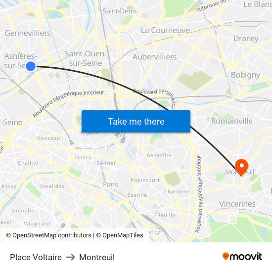 Place Voltaire to Montreuil map