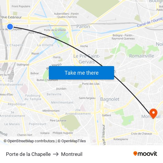 Porte de la Chapelle to Montreuil map