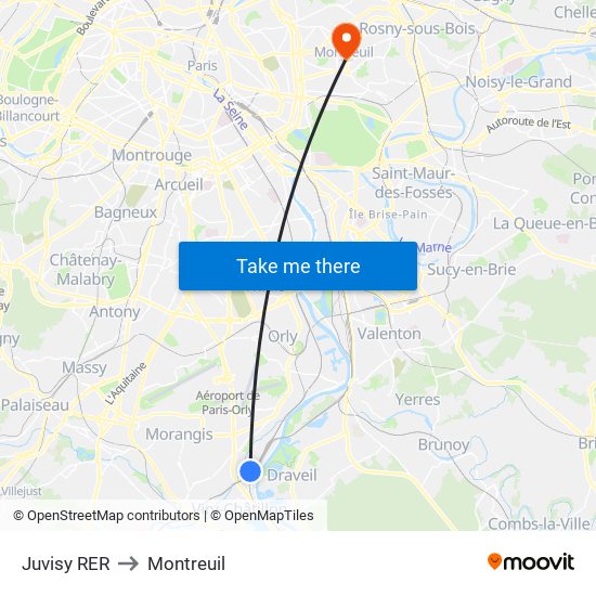 Juvisy RER to Montreuil map