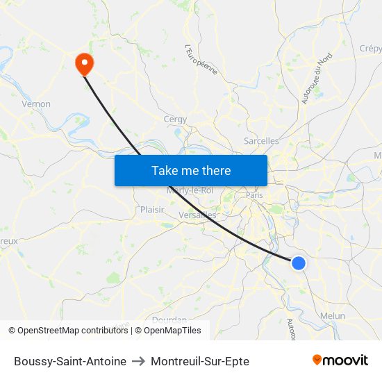 Boussy-Saint-Antoine to Montreuil-Sur-Epte map