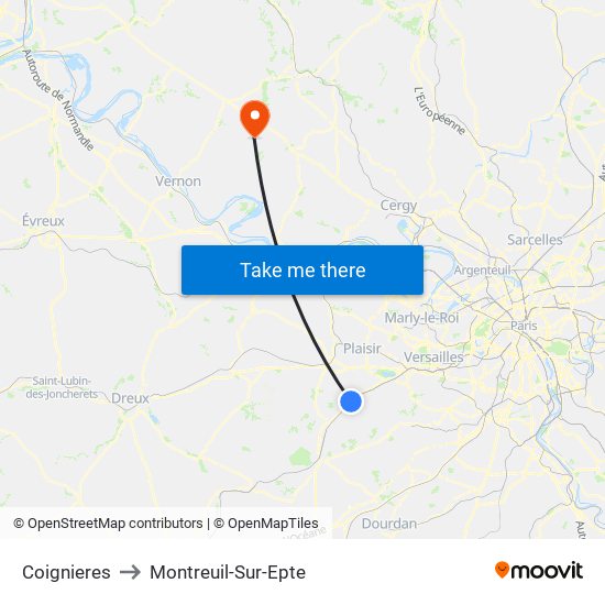 Coignieres to Montreuil-Sur-Epte map