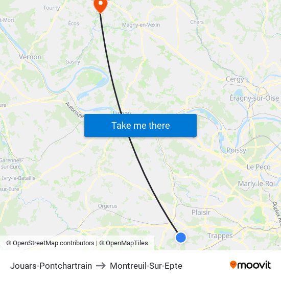 Jouars-Pontchartrain to Montreuil-Sur-Epte map