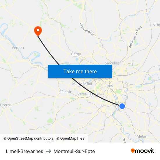 Limeil-Brevannes to Montreuil-Sur-Epte map