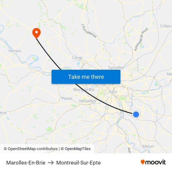 Marolles-En-Brie to Montreuil-Sur-Epte map