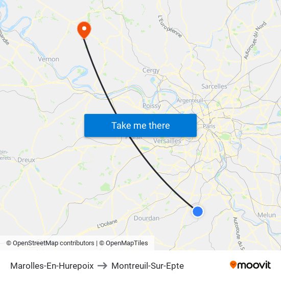 Marolles-En-Hurepoix to Montreuil-Sur-Epte map