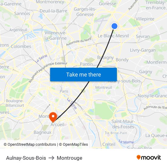 Aulnay-Sous-Bois to Montrouge map