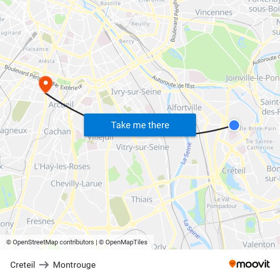 Creteil to Montrouge map