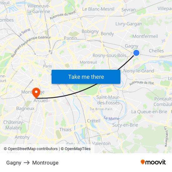 Gagny to Montrouge map
