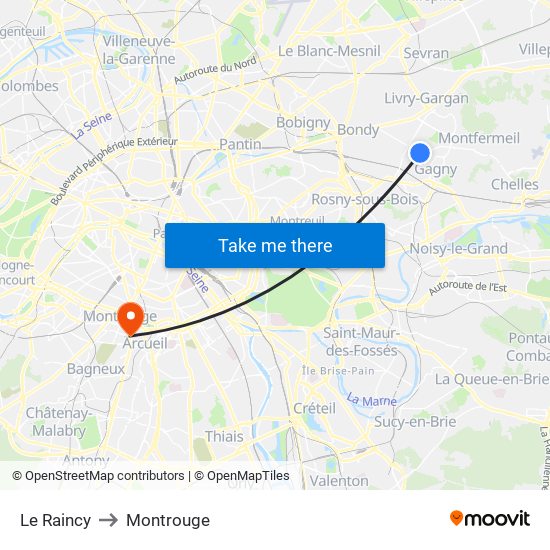Le Raincy to Montrouge map