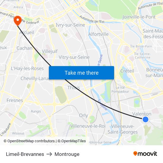 Limeil-Brevannes to Montrouge map