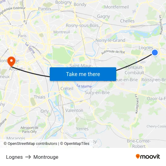 Lognes to Montrouge map