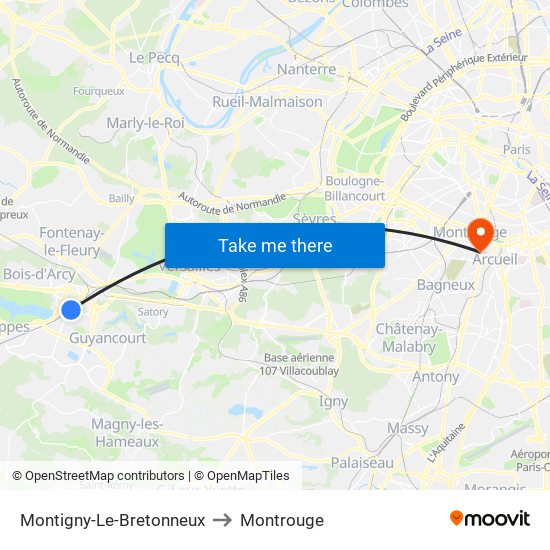 Montigny-Le-Bretonneux to Montrouge map