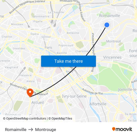 Romainville to Montrouge map