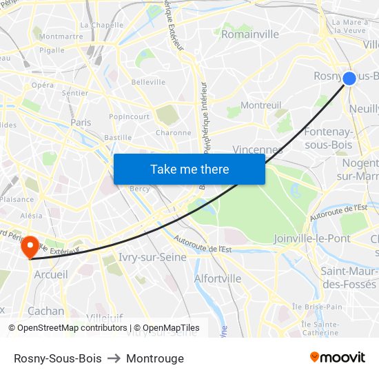 Rosny-Sous-Bois to Montrouge map