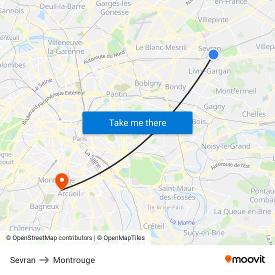 Sevran to Montrouge map