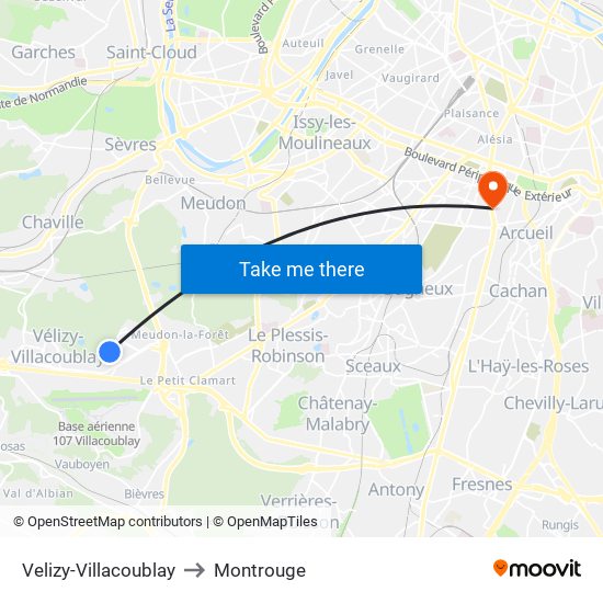 Velizy-Villacoublay to Montrouge map