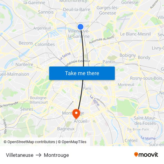 Villetaneuse to Montrouge map