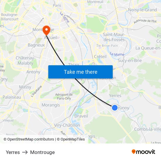 Yerres to Montrouge map