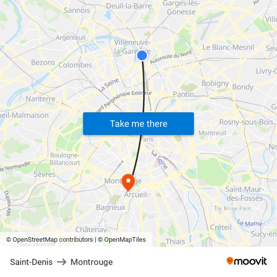 Saint-Denis to Montrouge map