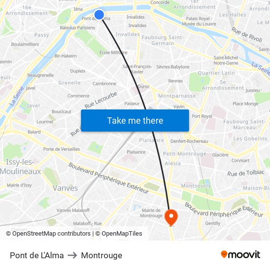 Pont de L'Alma to Montrouge map